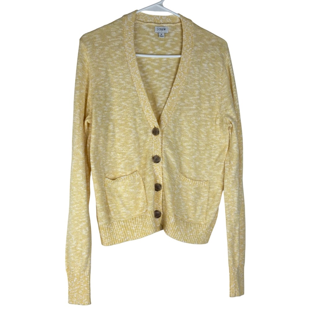 J.Crew Cardigan Sweater Womens M Yellow White Marled Cotton Blend V-Neck BH608